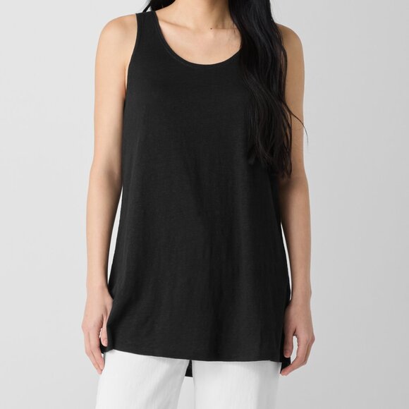 Eileen Fisher Tops - Eileen Fisher Black Organic Linen Jersey Long Tank Scoop Neck Women's Size L